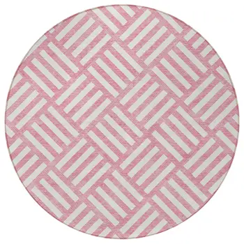8' Pink And Ivory Round Geometric Washable Indoor Outdoor Area Rug