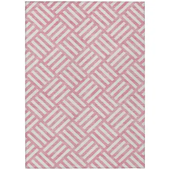 8' X 10' Pink And Ivory Geometric Washable Indoor Outdoor Area Rug