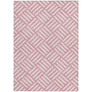 9' X 12' Pink And Ivory Geometric Washable Indoor Outdoor Area Rug