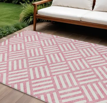 10' X 14' Pink And Ivory Geometric Washable Indoor Outdoor Area Rug