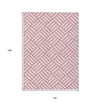 10' X 14' Pink And Ivory Geometric Washable Indoor Outdoor Area Rug