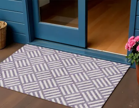 3' X 5' Purple And Ivory Geometric Washable Indoor Outdoor Area Rug