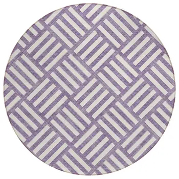 8' Purple And Ivory Round Geometric Washable Indoor Outdoor Area Rug
