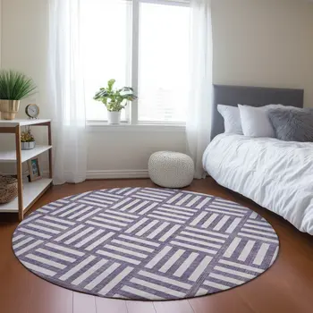 8' Purple And Ivory Round Geometric Washable Indoor Outdoor Area Rug