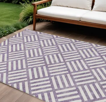 8' X 10' Purple And Ivory Geometric Washable Indoor Outdoor Area Rug