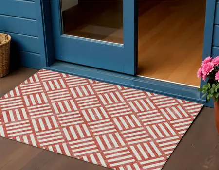 3' X 5' Red And Ivory Geometric Washable Indoor Outdoor Area Rug