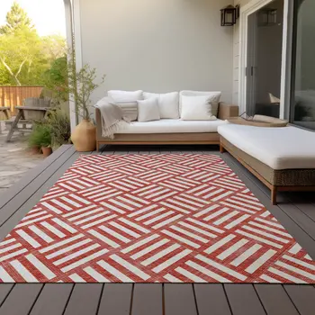 3' X 5' Red And Ivory Geometric Washable Indoor Outdoor Area Rug