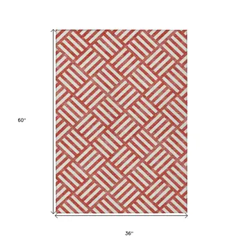 3' X 5' Red And Ivory Geometric Washable Indoor Outdoor Area Rug