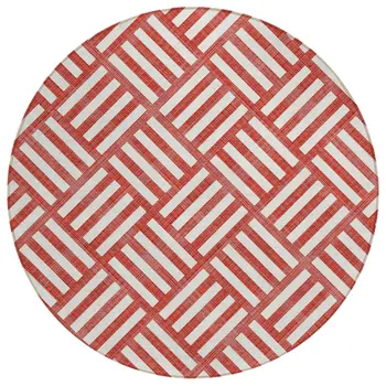 8' Red And Ivory Round Geometric Washable Indoor Outdoor Area Rug