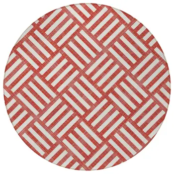 8' Red And Ivory Round Geometric Washable Indoor Outdoor Area Rug