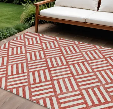 9' X 12' Red And Ivory Geometric Washable Indoor Outdoor Area Rug
