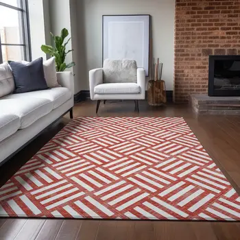 9' X 12' Red And Ivory Geometric Washable Indoor Outdoor Area Rug