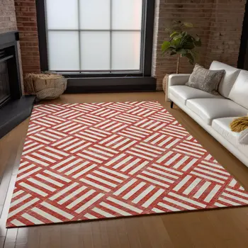 9' X 12' Red And Ivory Geometric Washable Indoor Outdoor Area Rug