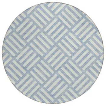 8' Sky Blue And Ivory Round Geometric Washable Indoor Outdoor Area Rug