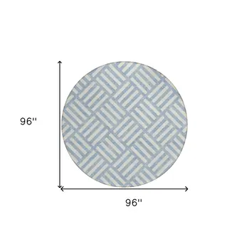 8' Sky Blue And Ivory Round Geometric Washable Indoor Outdoor Area Rug