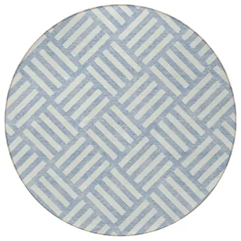 8' Sky Blue And Ivory Round Geometric Washable Indoor Outdoor Area Rug