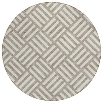 8' Taupe And Ivory Round Geometric Washable Indoor Outdoor Area Rug