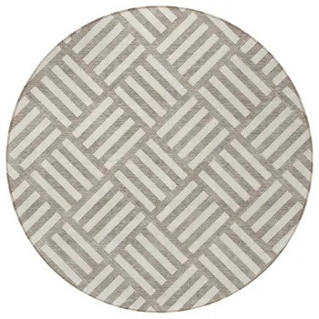 8' Taupe And Ivory Round Geometric Washable Indoor Outdoor Area Rug