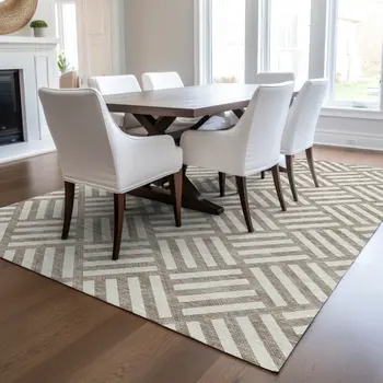 9' X 12' Taupe And Ivory Geometric Washable Indoor Outdoor Area Rug