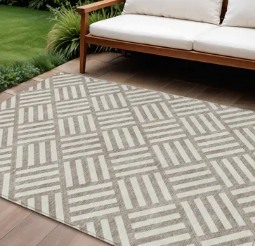 10' X 14' Taupe And Ivory Geometric Washable Indoor Outdoor Area Rug