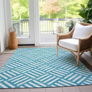 5' X 8' Teal Blue And Ivory Geometric Washable Indoor Outdoor Area Rug