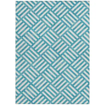 8' X 10' Teal Blue And Ivory Geometric Washable Indoor Outdoor Area Rug