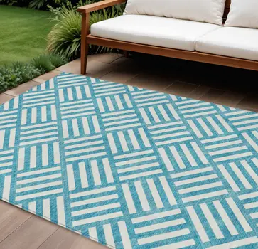 8' X 10' Teal Blue And Ivory Geometric Washable Indoor Outdoor Area Rug