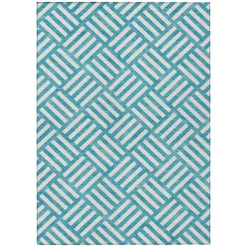 8' X 10' Teal Blue And Ivory Geometric Washable Indoor Outdoor Area Rug