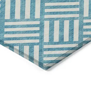 8' X 10' Teal Blue And Ivory Geometric Washable Indoor Outdoor Area Rug