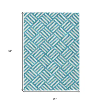 8' X 10' Teal Blue And Ivory Geometric Washable Indoor Outdoor Area Rug