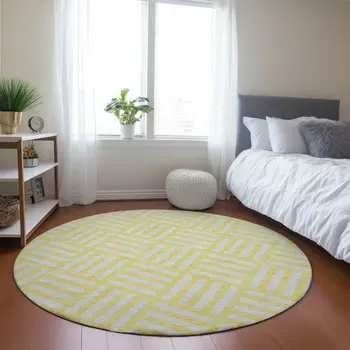 8' Yellow And Ivory Round Geometric Washable Indoor Outdoor Area Rug