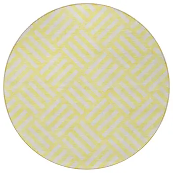 8' Yellow And Ivory Round Geometric Washable Indoor Outdoor Area Rug