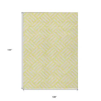 9' X 12' Yellow And Ivory Geometric Washable Indoor Outdoor Area Rug