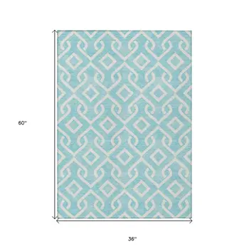 3' X 5' Aqua And Ivory Geometric Washable Indoor Outdoor Area Rug