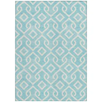 5' X 8' Aqua And Ivory Geometric Washable Indoor Outdoor Area Rug