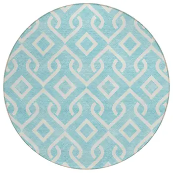 8' Aqua And Ivory Round Geometric Washable Indoor Outdoor Area Rug