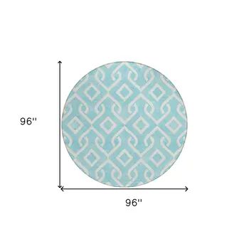 8' Aqua And Ivory Round Geometric Washable Indoor Outdoor Area Rug