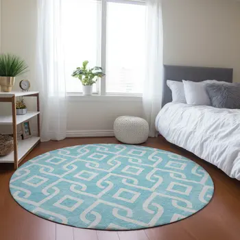 8' Aqua And Ivory Round Geometric Washable Indoor Outdoor Area Rug