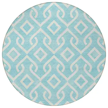 8' Aqua And Ivory Round Geometric Washable Indoor Outdoor Area Rug