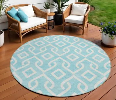 8' Aqua And Ivory Round Geometric Washable Indoor Outdoor Area Rug