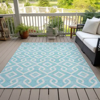 9' X 12' Aqua And Ivory Geometric Washable Indoor Outdoor Area Rug