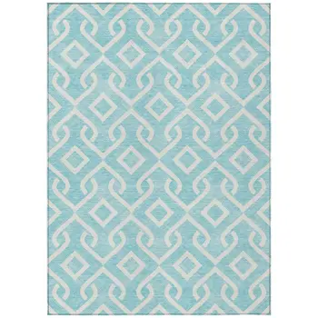 9' X 12' Aqua And Ivory Geometric Washable Indoor Outdoor Area Rug