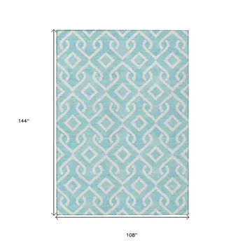 9' X 12' Aqua And Ivory Geometric Washable Indoor Outdoor Area Rug