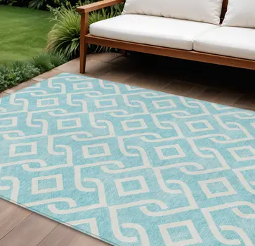 10' X 14' Aqua And Ivory Geometric Washable Indoor Outdoor Area Rug