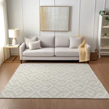 5' X 8' Beige And Ivory Geometric Washable Indoor Outdoor Area Rug