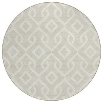 8' Beige And Ivory Round Geometric Washable Indoor Outdoor Area Rug