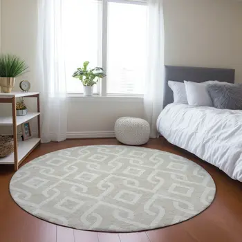 8' Beige And Ivory Round Geometric Washable Indoor Outdoor Area Rug