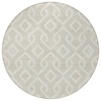 8' Beige And Ivory Round Geometric Washable Indoor Outdoor Area Rug