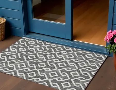 3' X 5' Black And Ivory Geometric Washable Indoor Outdoor Area Rug