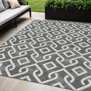 5' X 8' Black And Ivory Geometric Washable Indoor Outdoor Area Rug